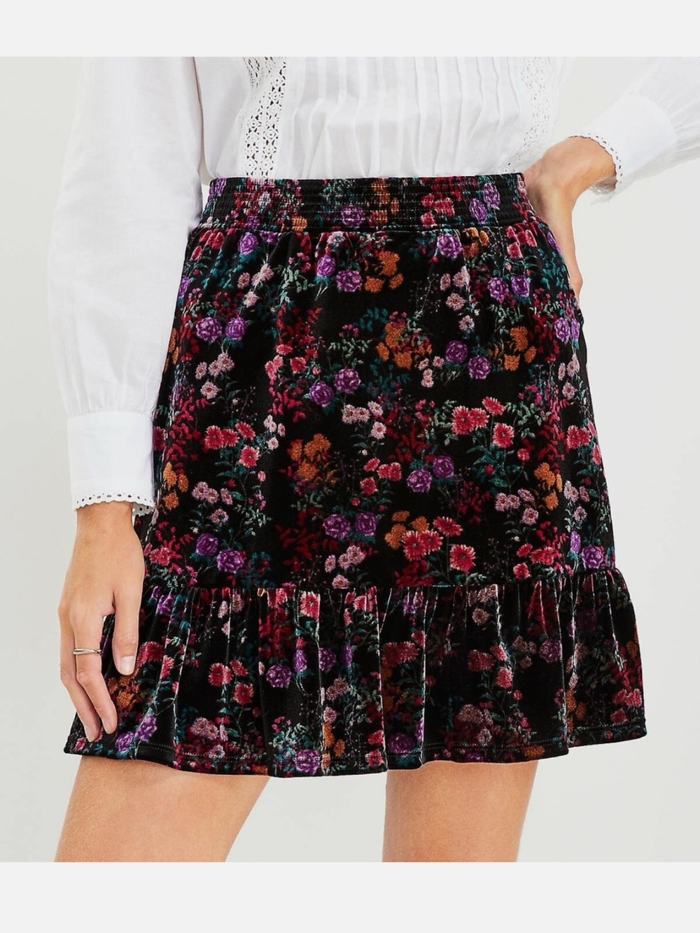 LOFT Floral Velvet Ruffle Hem Skirt - Black Multi